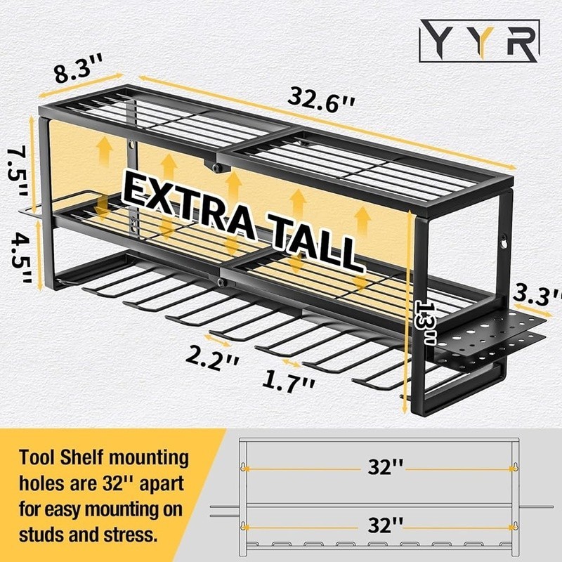 Heavy Duty Tool Rack 3-Tier Power Tool Organizer Wall Storage Easy Installation