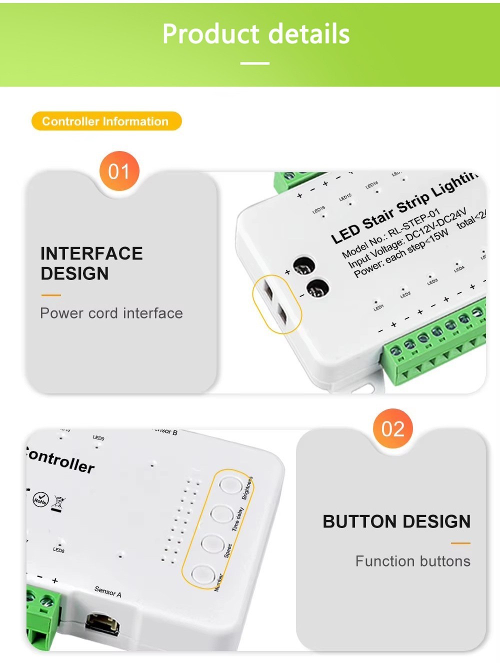 Smart Step Light Sensor Controller 16 Channel DC12V-24V For Stair Led Lighting