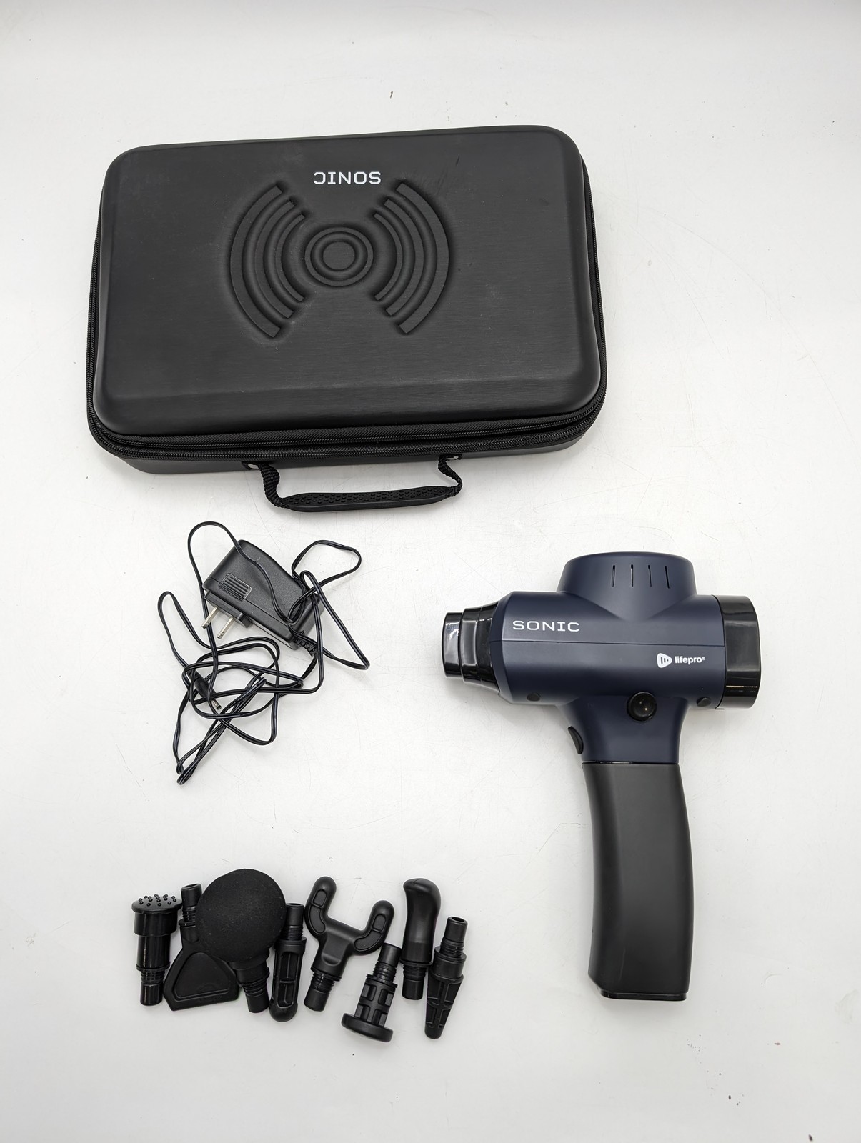 LIFEPRO LPSNC Sonic Handheld Percussion Massage Gun - 5 Speeds - 8 Heads - BLUE