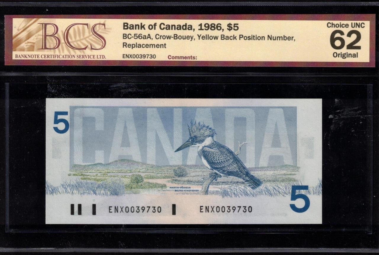 1986 Canada $5 BC-56aA Crow Bouey ENX0039730 YBPN BCS CHOICE UNC-62