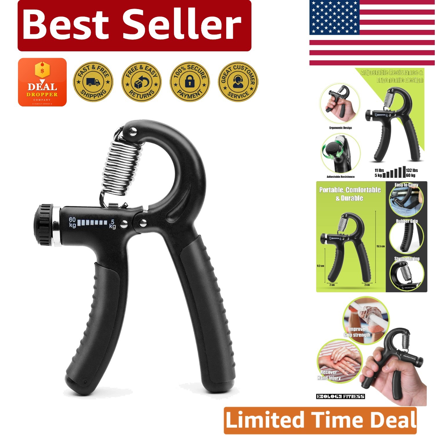 Portable 5-60kg Hand Grip Exerciser with Stainless Steel Spring for Strength