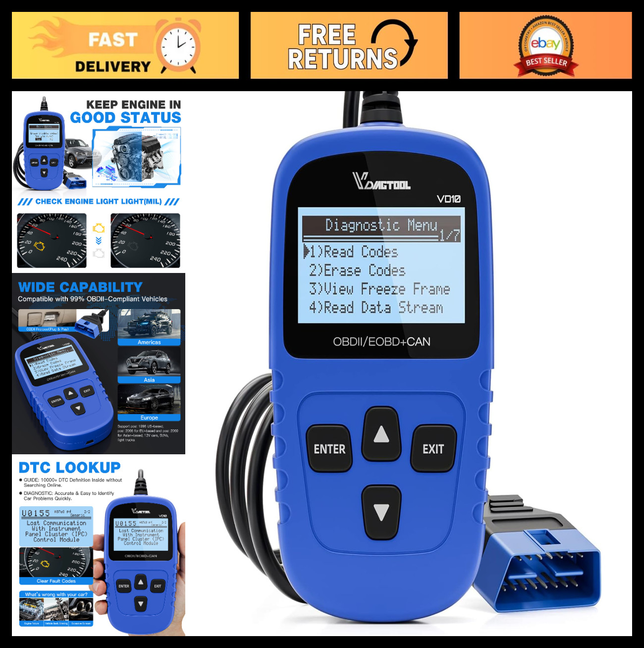 OBD2 Scanner Code Reader, Car Diagnostic Tool, Engine Fault Code Reader, CEL Off