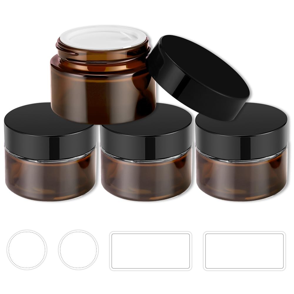 4 Pack 1oz Glass Jars with Lids, Amber Glass Jars with Lids & Stickers, Reusa...