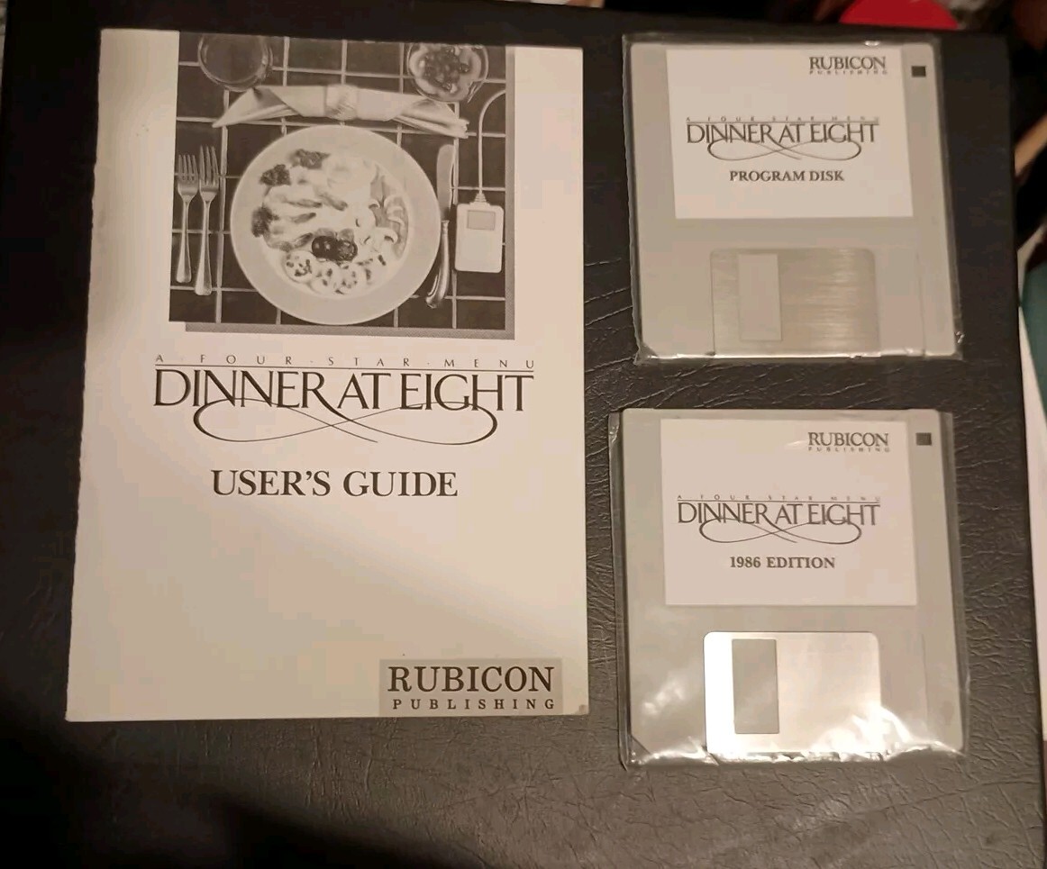 VTG DINNER AT EIGHT  by Rubicon 1986 V1. 3.5" floppy disks (2)+ Guide  untested