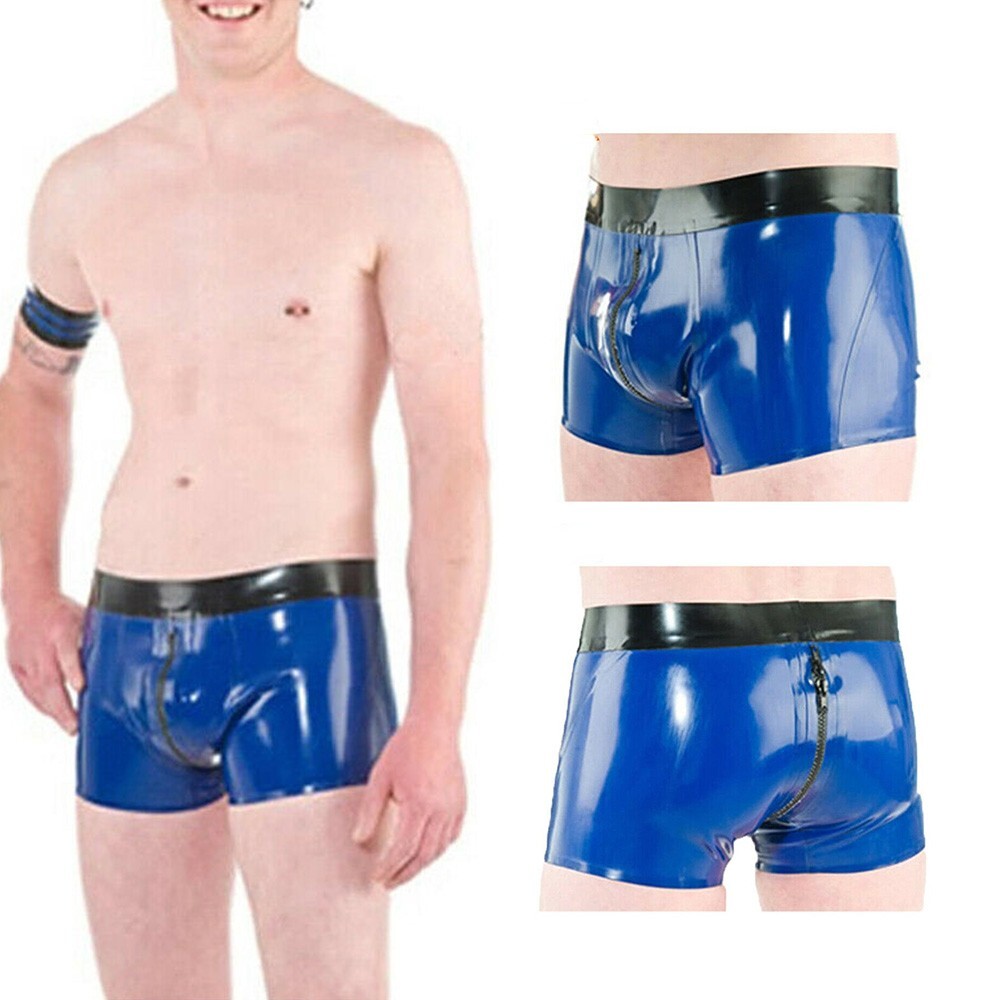 Blue Mens Latex shorts with crotch zipper rubber lingerie party club costume US