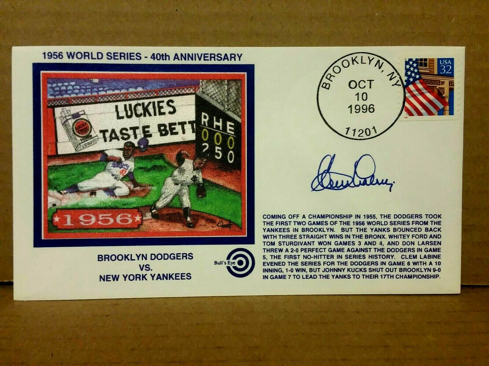 CLEM LABINE SIGNED  1956 WS 40th ANNVERSARY  "BULL'S EYE" CACHET  W/COA