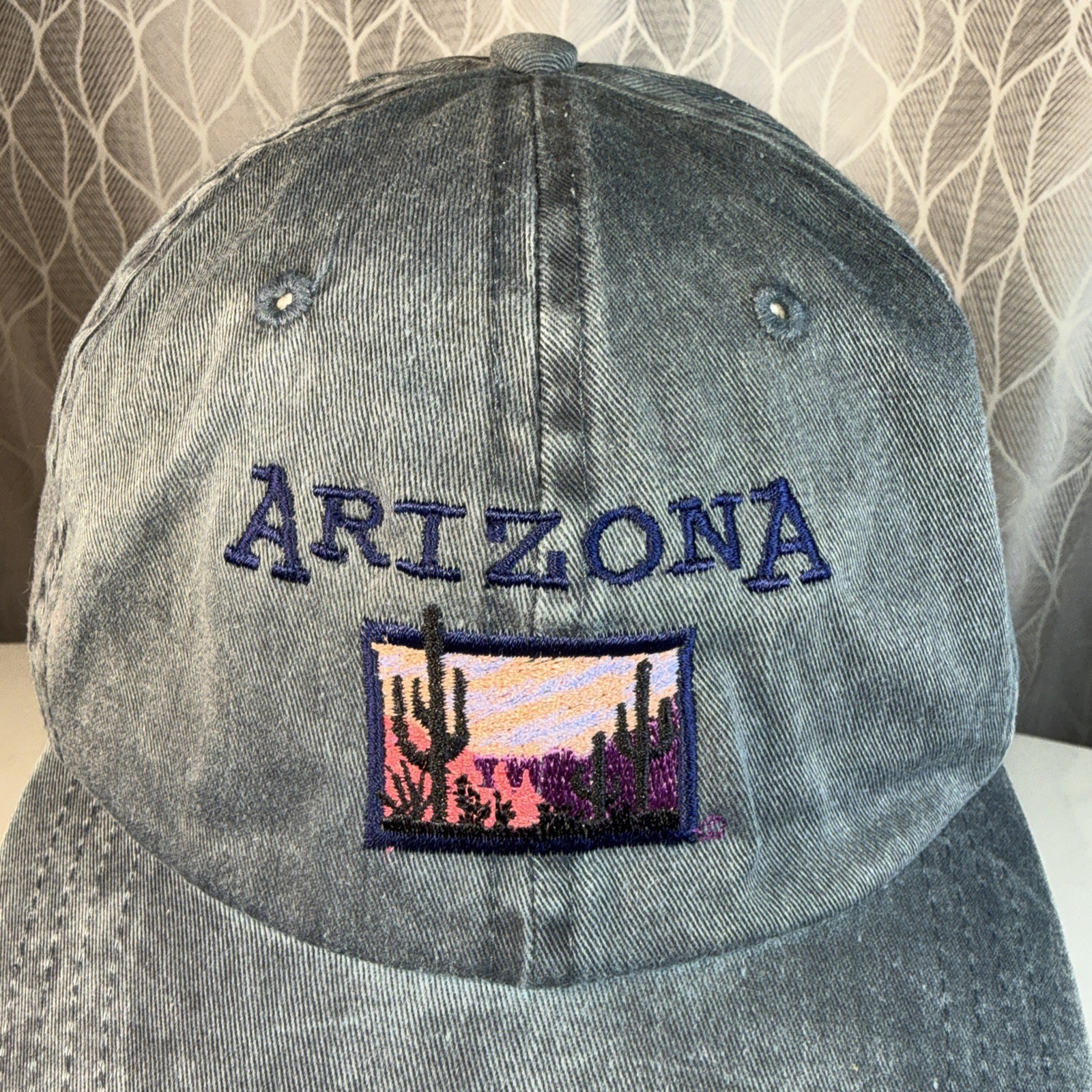 ARIZONA in Navy Letters on Cactus Sunset Patch Gray Hat Cap Cotton Strap Buckle