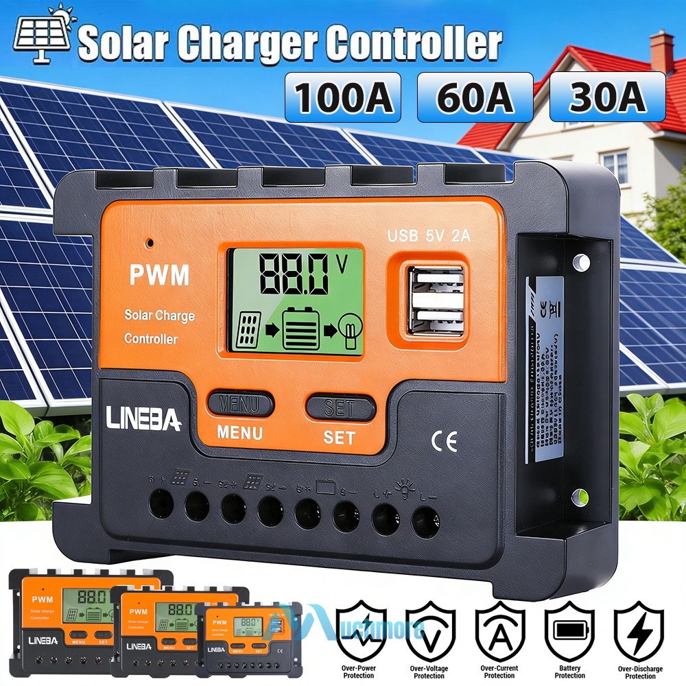 30-100A PWM Solar Panel Charge Controller Battery Regulator 12V 24V 36V 48V 2USB