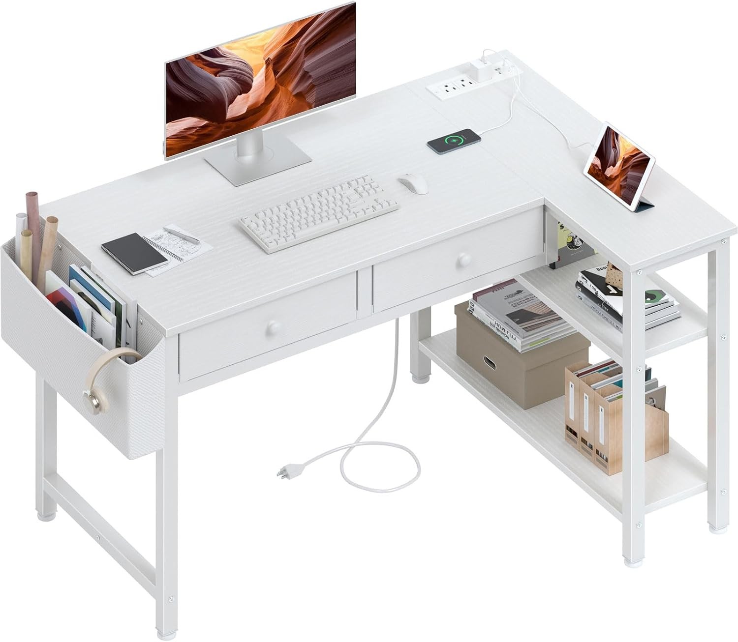 Small White L Shaped Desk with Drawers & Storage Shelves, 40 Inch Corner Desk