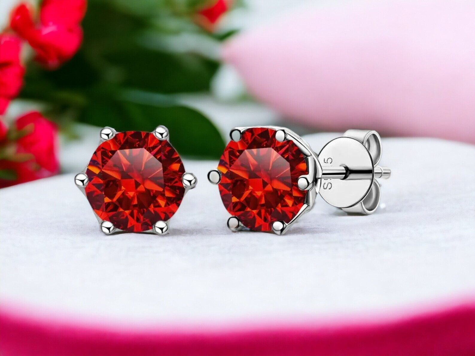 2CT Red Moissanite Solitaire Stud Earrings 925 Sterling Silver  Certificate