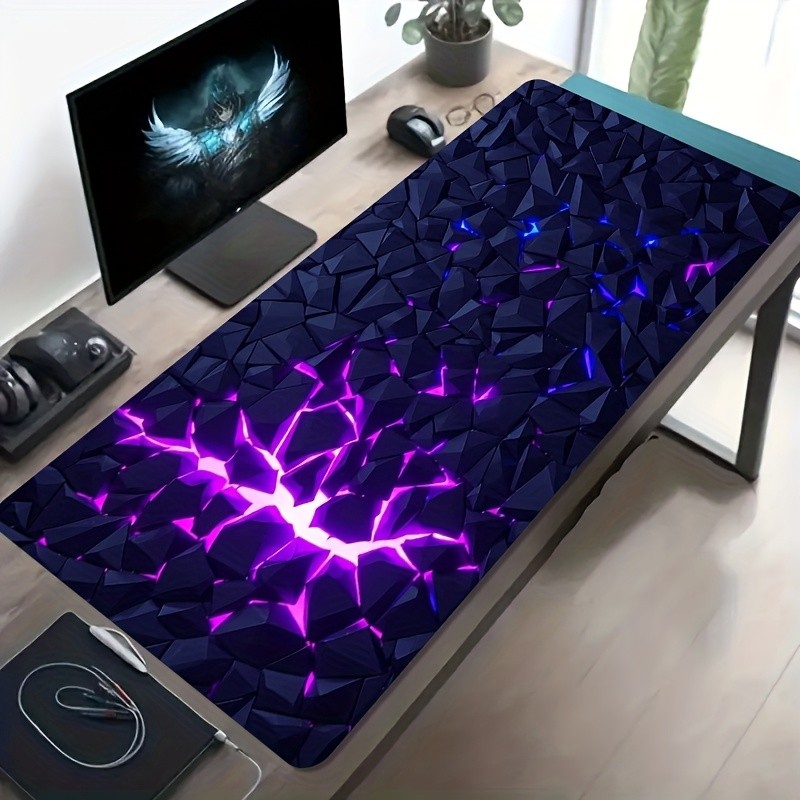 A Large Gaming Mouse Pad Featuring a Purple-Blue Glowing Crackle Technology Des