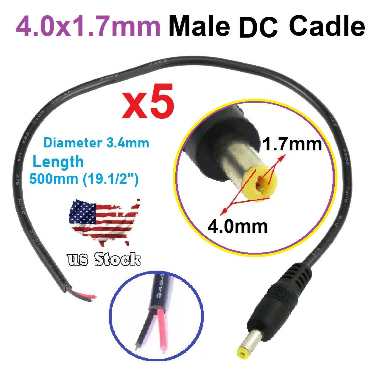 5x DC Power Plug cable 4.0x1.7 mm Male 50cm 24AWG Led light /Camera output cable