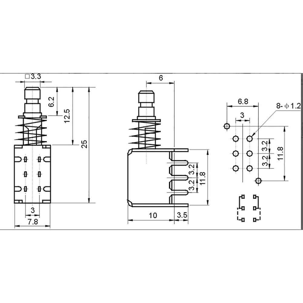 A03 Latching PCB Push Button Switch DPDT Straight Key Switch 6 Pin PS-22F02