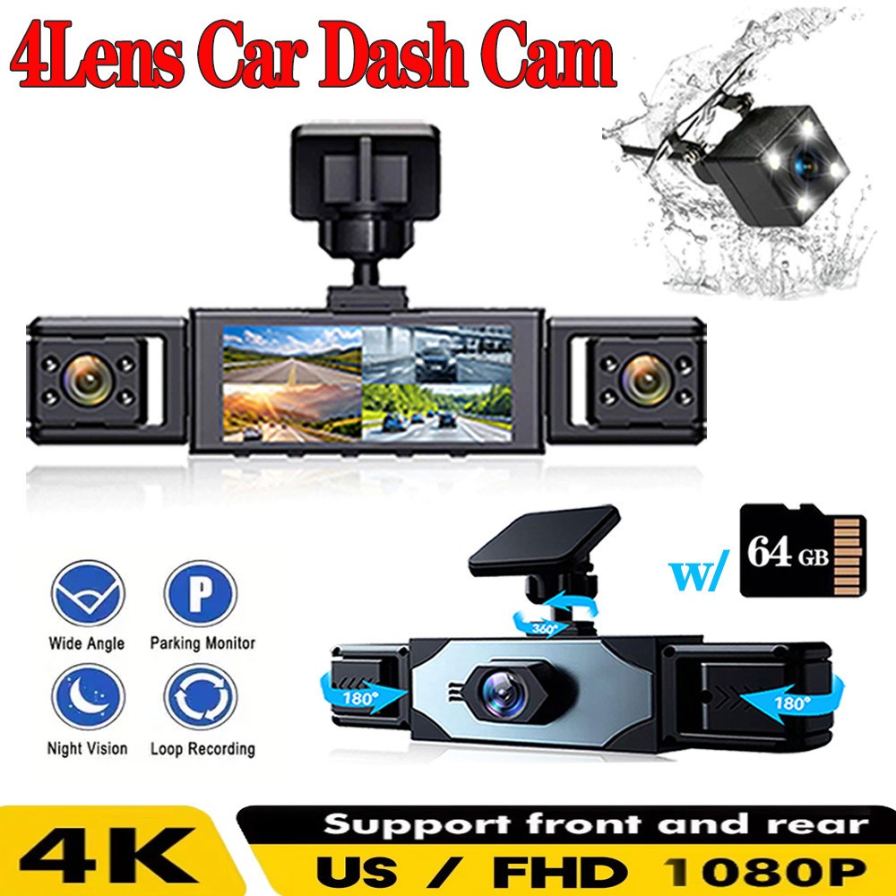 Dash Cam 4 Channel 360° Front Rear Inside Dash Cam  1080P Car Camera +64GB Card