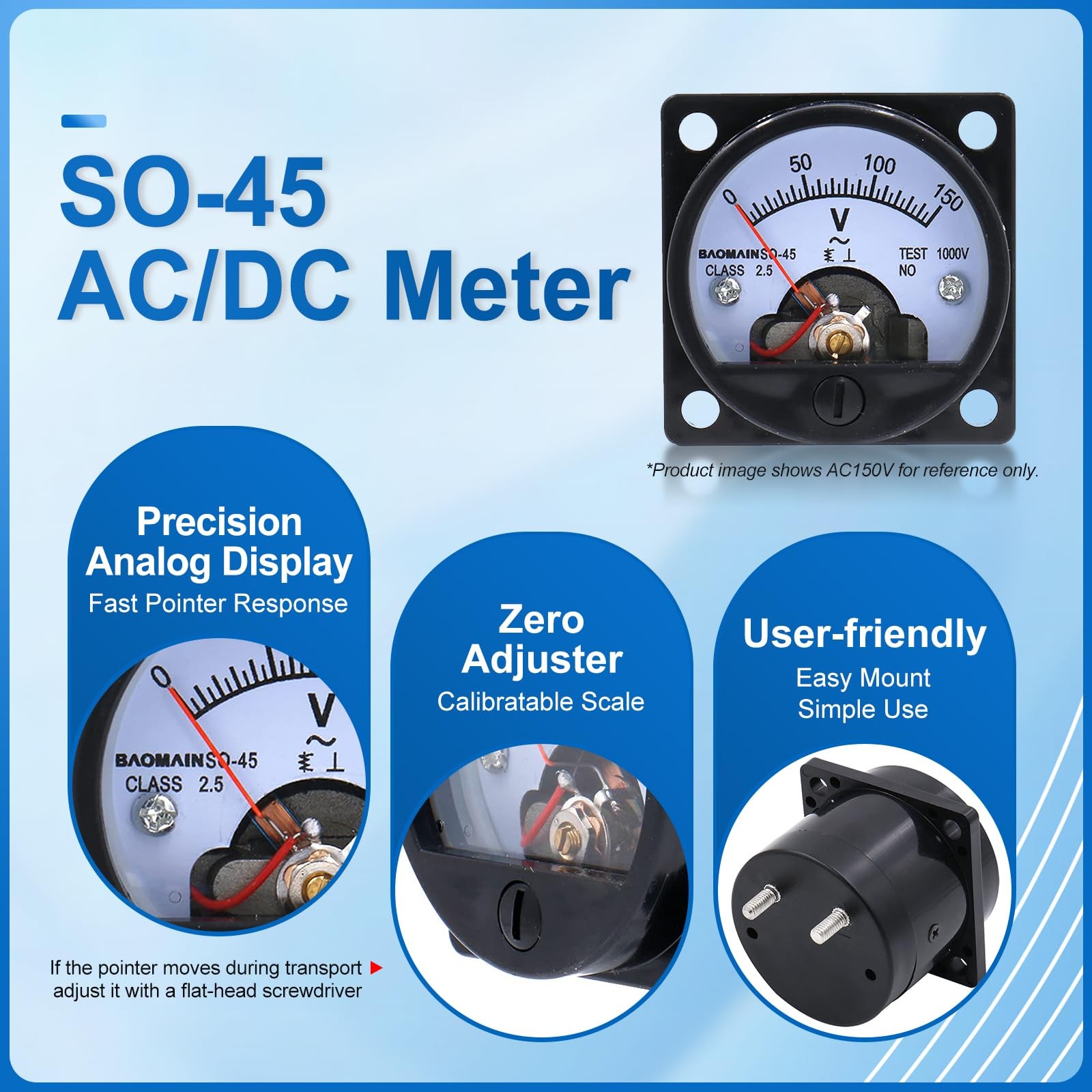 Baomain Analog Dial Panel Meter Voltmeter Gauge SO-45 AC 0-150V Round Black