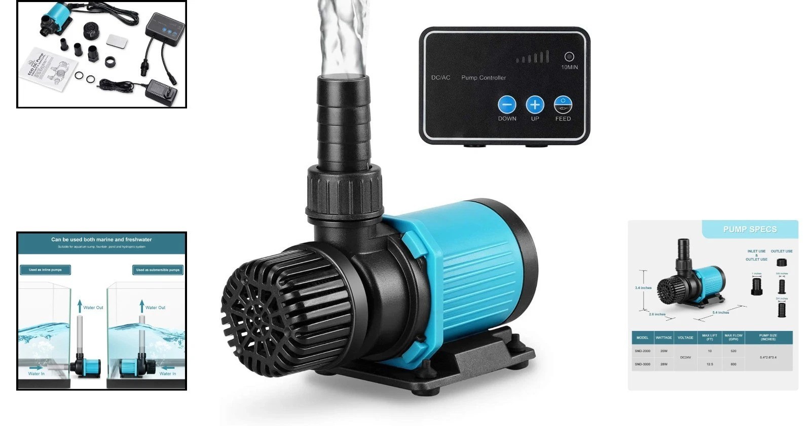 520GPH 24V DC Aquarium Water Pump with Controller - Quiet and Efficient Flow