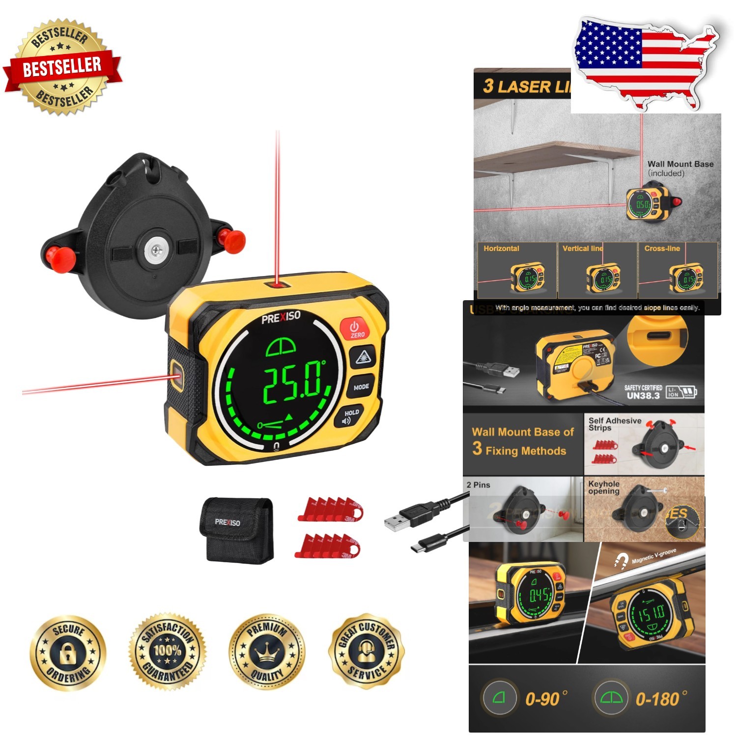 Professional 3-in-1 Angle Finder Level, Magnetic Digital Gauge, Laser Line, R...