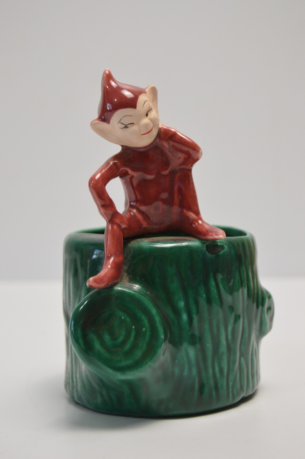 Vintage Pixie Elf Sitting on a Stump Planter MCM Pottery Ceramic Fairy Garden