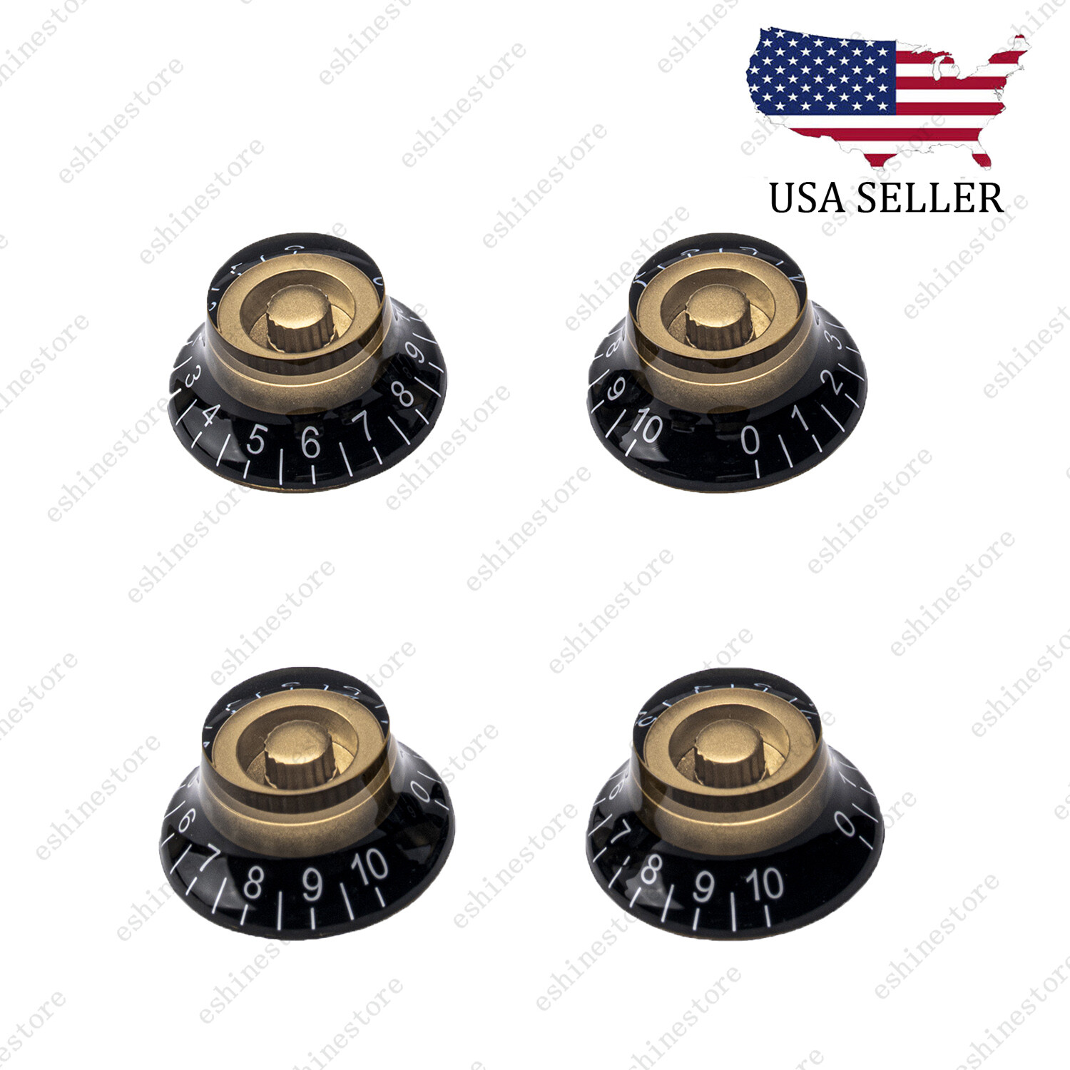 4 Pcs Gold/Black 18 Fine Splines Speed Knobs Top Hat Bell Knobs For Les Paul SG