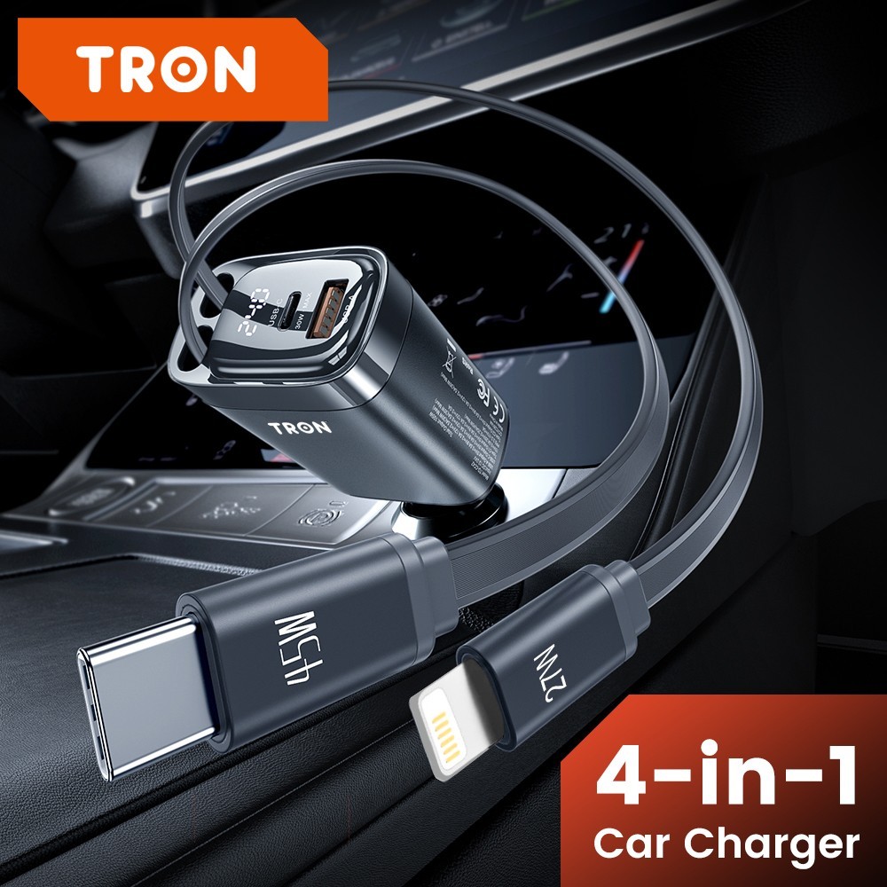 TRON 105W 4-in-1 Retractable Car Charger with LCD Display for iPhone & Android