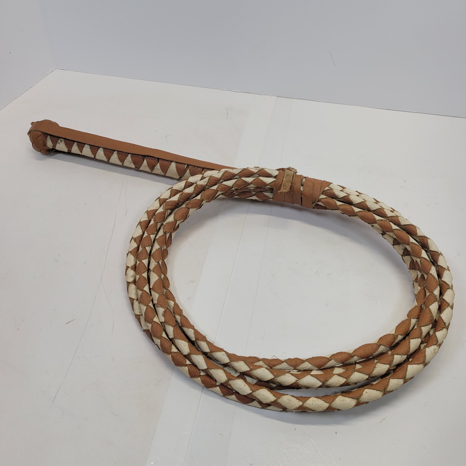 VTG 10FT Authentic Braided Brown and White Leather Bullwhip