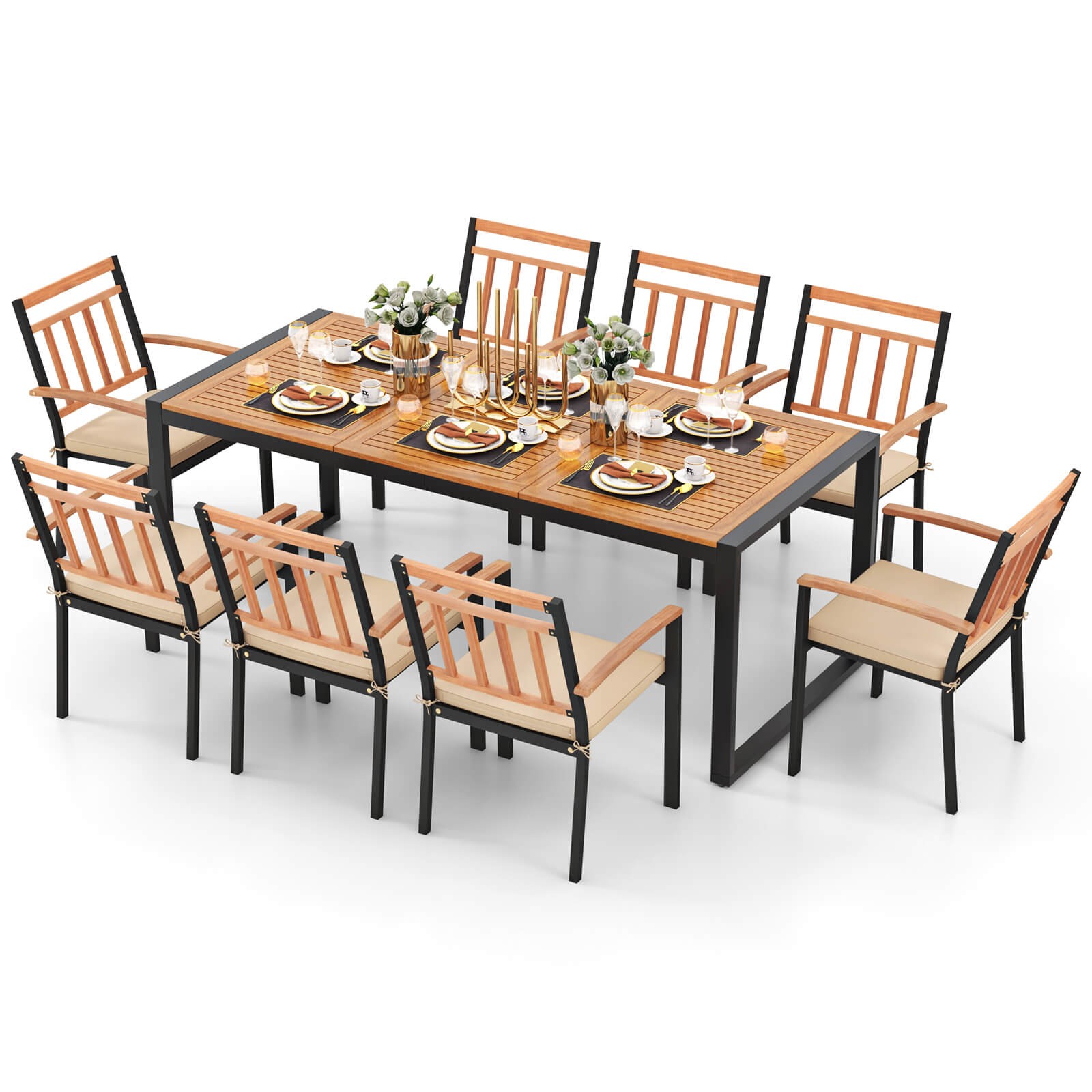 9 Pieces Patio Dining Set with Soft Cushions and 1.9" Umbrella Hole for Garden