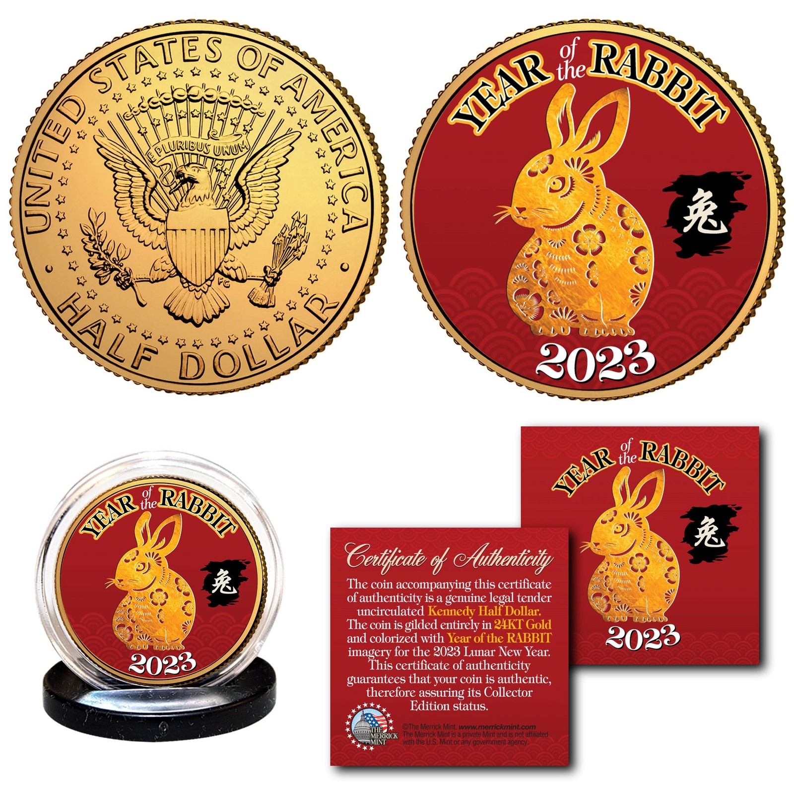 2023 Chinese New YEAR OF THE RABBIT 24K Gold Plated JFK Kennedy Half Dollar Coin