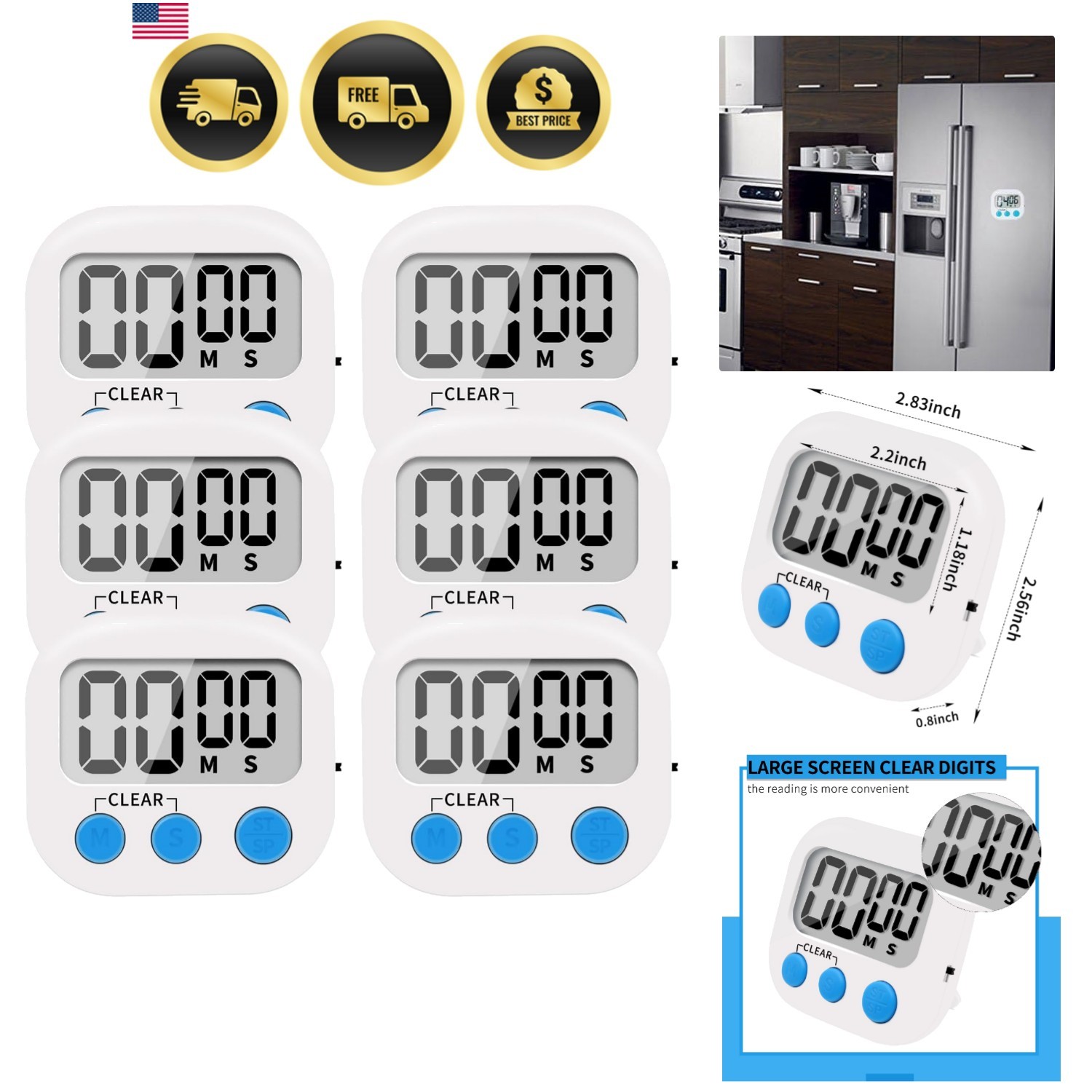 6 Pack Small Digital Kitchen Timer Magnetic Back and ON/Off Switch,Minute Sec...