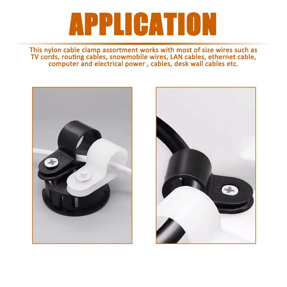 ISPINNER 180pcs Nylon Plastic R-Type Cable Clamps, 1/4" 5/16" One Size, Black