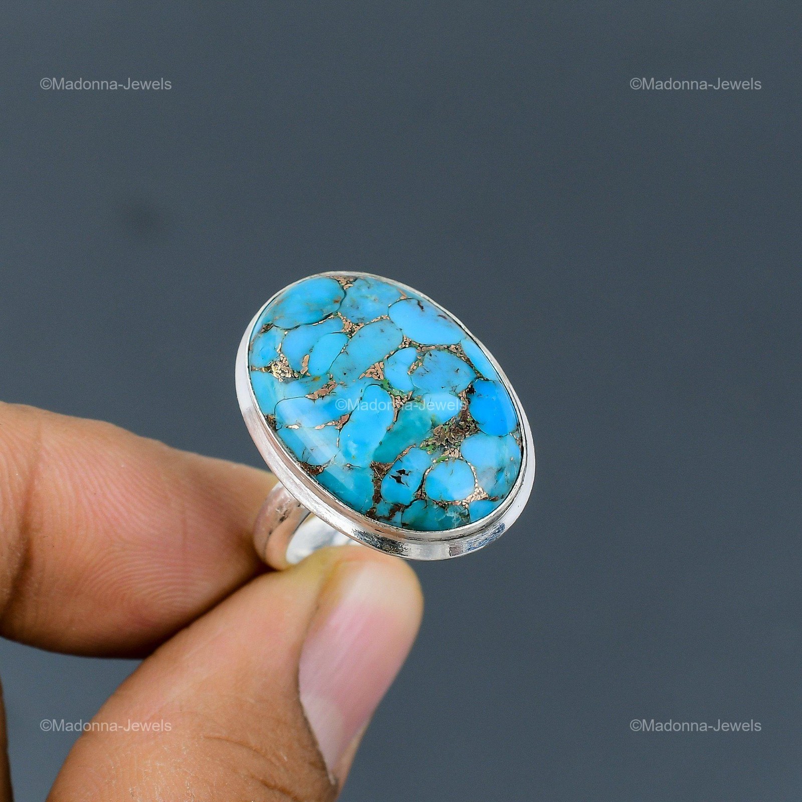 Daughters Day Deal Copper Blue Turquoise Gemstone Solitaire Ring Sterling Silver