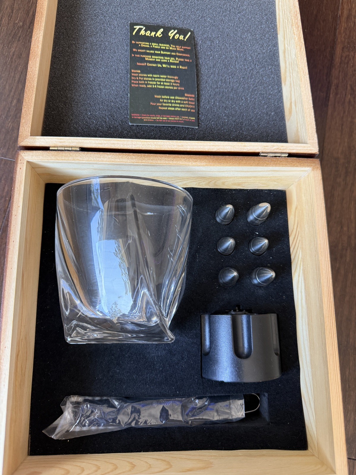 Whiskey Stone Gift Set Glasses .Stainless Steel Tongs Wooden Box DE CROWN