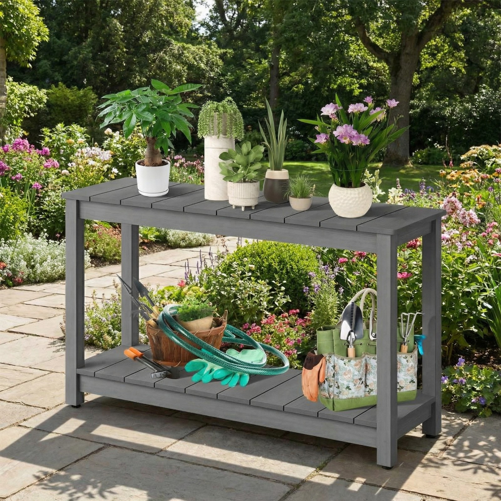 48" Wooden Outdoor Console Table Patio Buffet & Bar Serving Table All-Weather