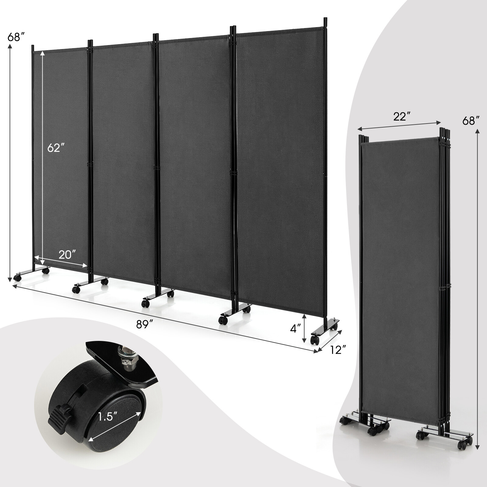 4-Panel Folding Room Divider 6FT Rolling Privacy Screen w/ Lockable Wheels Grey