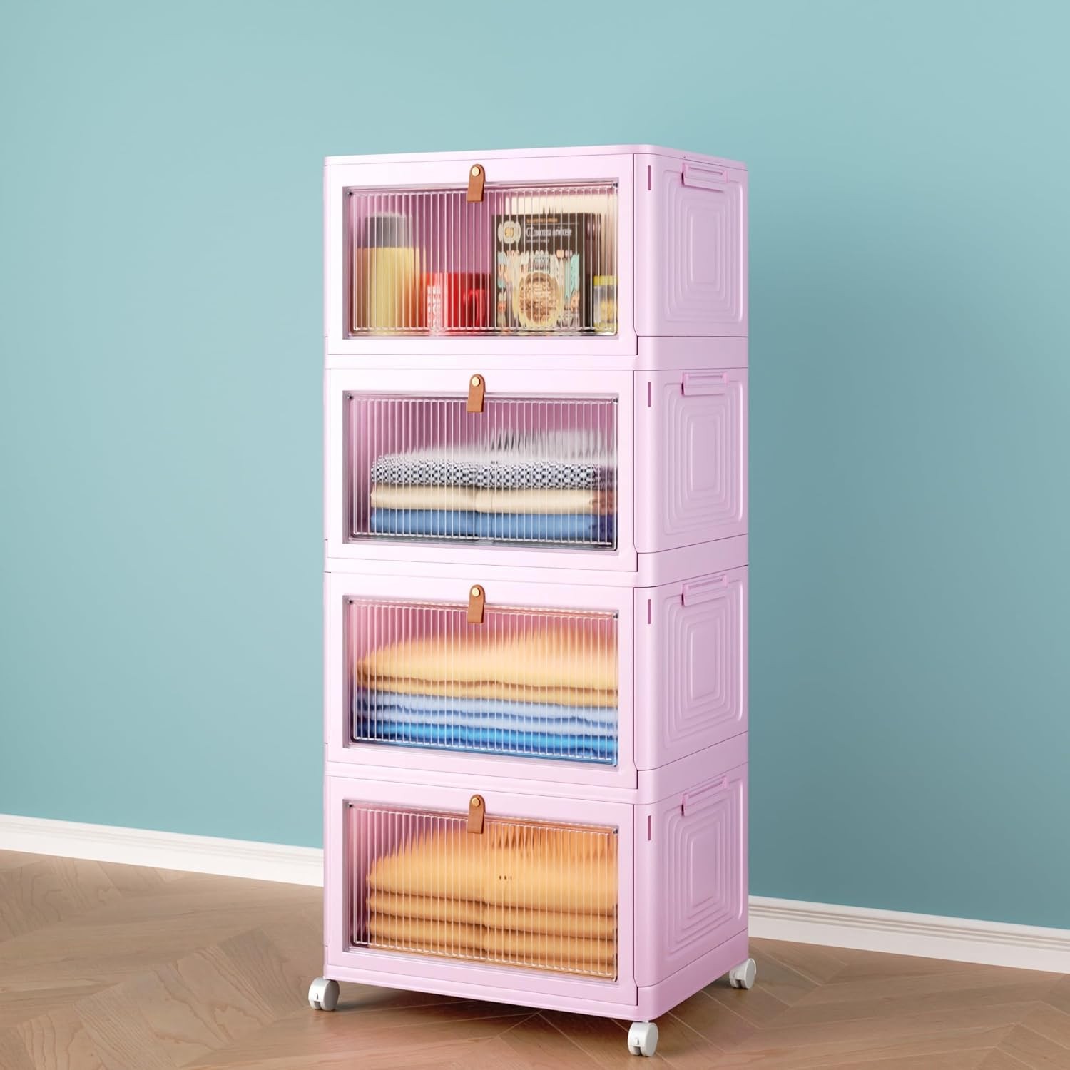 4 tier collapsible storage box with lid and wheels for home, storage room