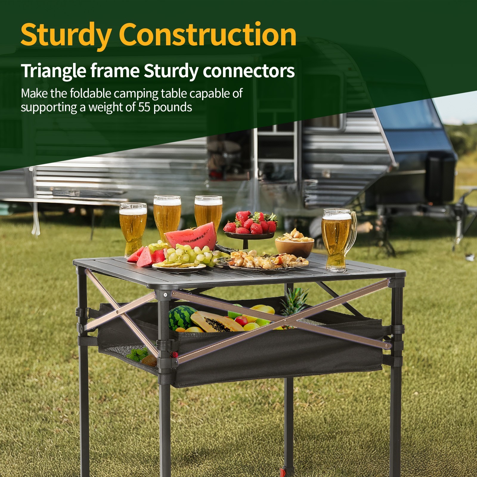 Portable Folding Camping Table with Adjustable Height Roll-Up Top & Carry Bag