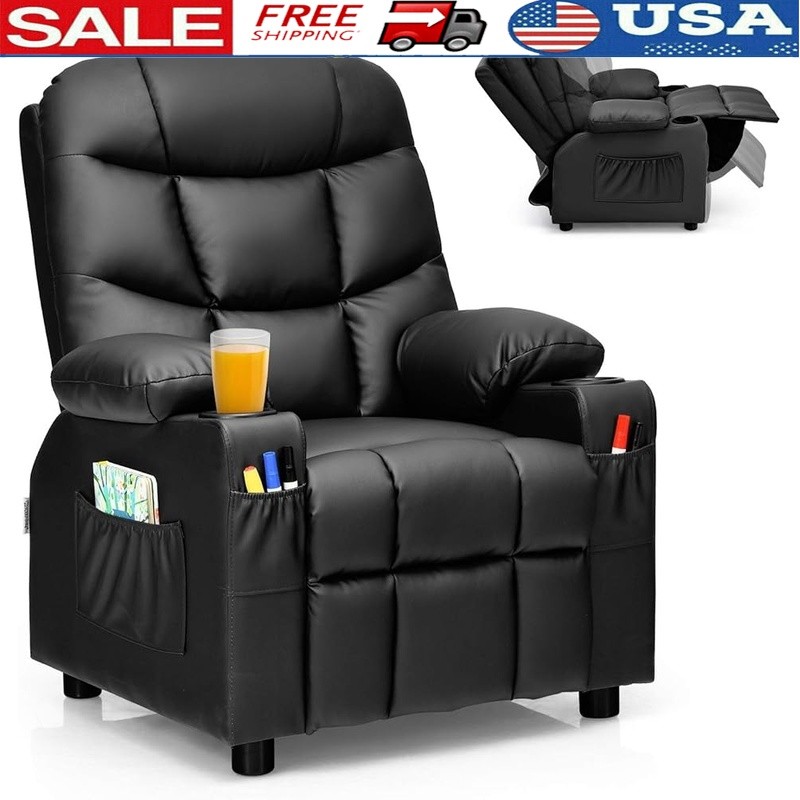 Kids Recliner Chair Ergonomic PU Leather Adjustable Backrest Cup Holder Pockets