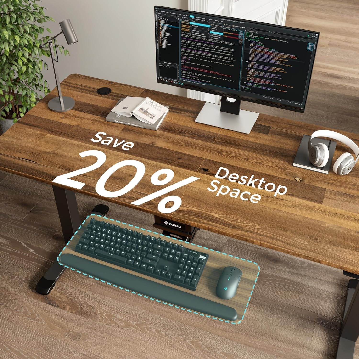 Adjustable Keyboard Tray with Mouse Pad - Walnut Sliding Drawer Under Desk
