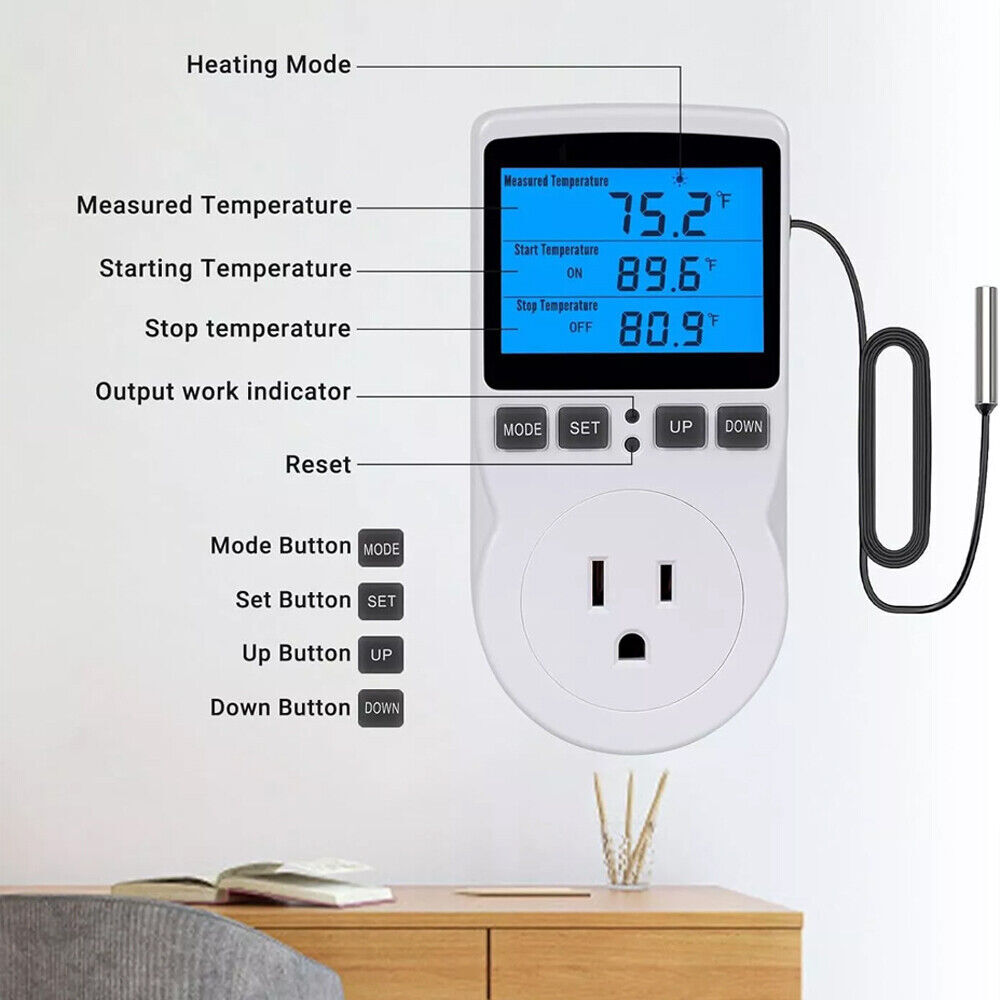 Digital Thermostat Outlet Plug Temperature Controller Heating Cooling w/ ProbeOq