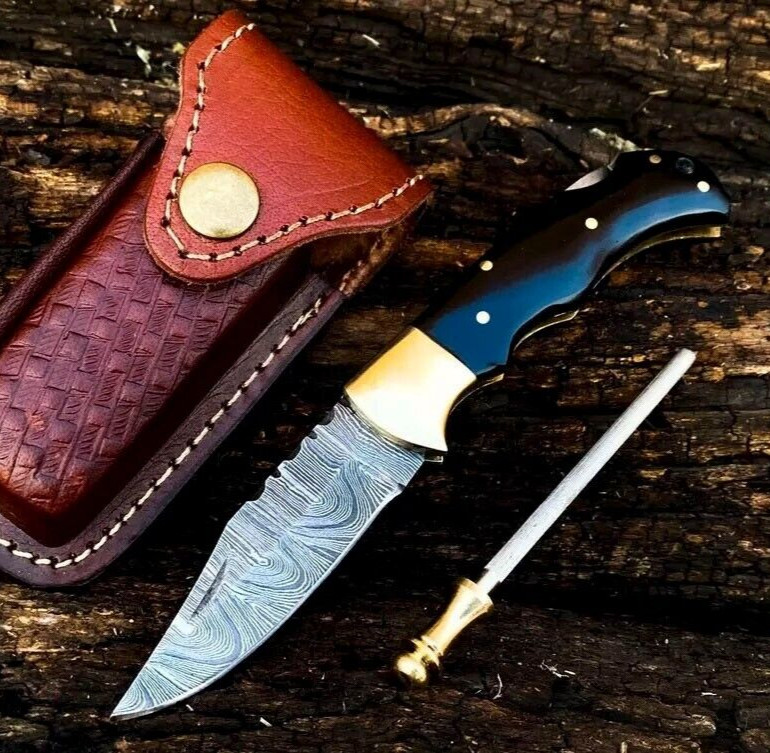 Shard Pocket Knife Custom Hand-Forged Damascus Steel Lock Back Folding  W/Sheath