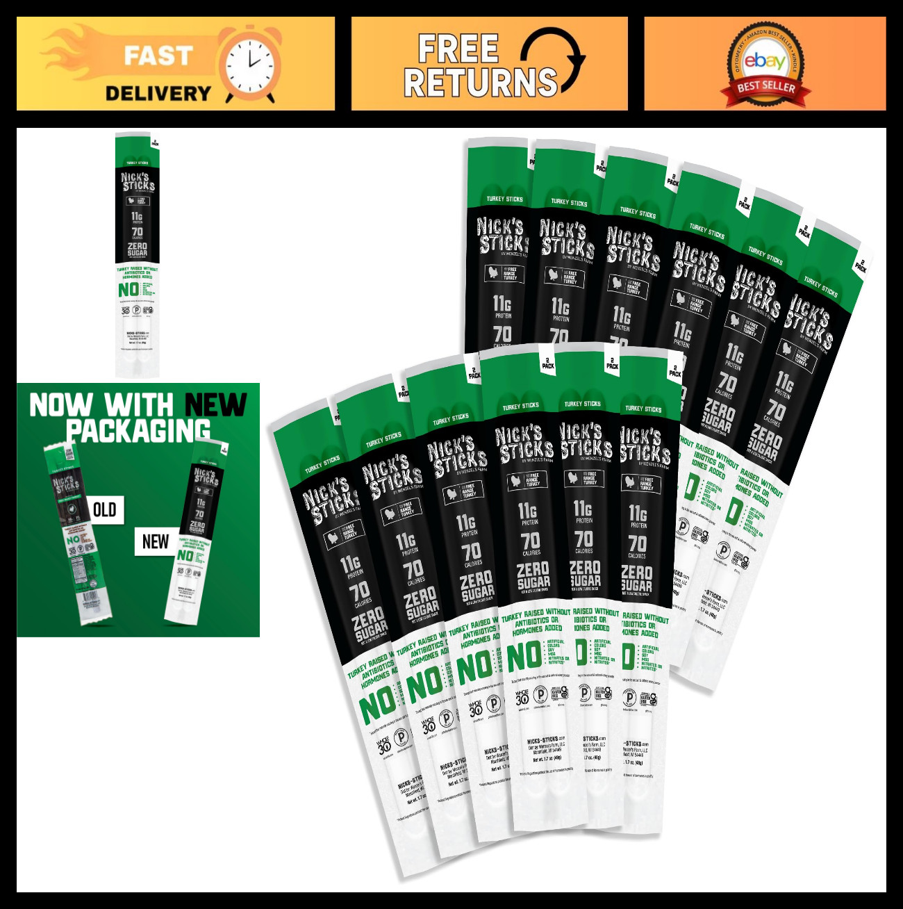 Free Range Turkey Snack Sticks - Gluten Free, Paleo, Keto, Whole30 - 12 Packs