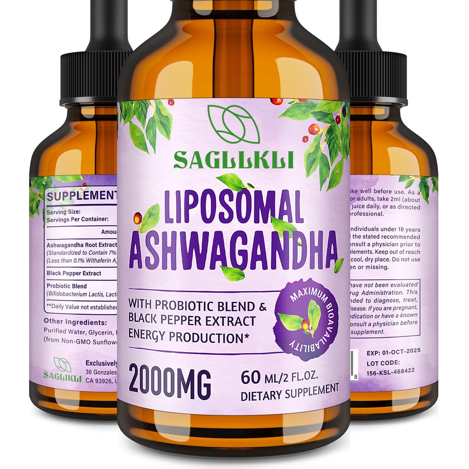 Liposomal Ashwagandha Liquid Drops 2000mg, 2 Fl Oz (Pack of 1)