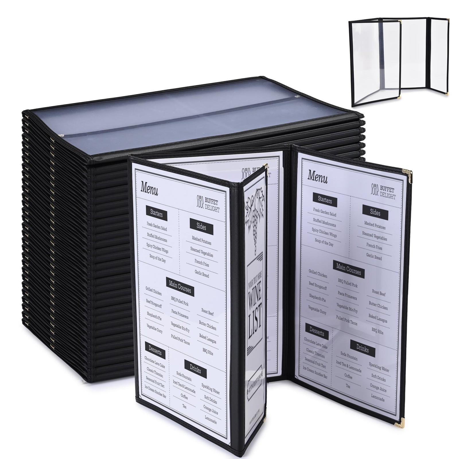 WeChef 30 Pcs Menu Covers Trifold for 8.5x14" 3 Page 6 View & 4.25x14" Half Page