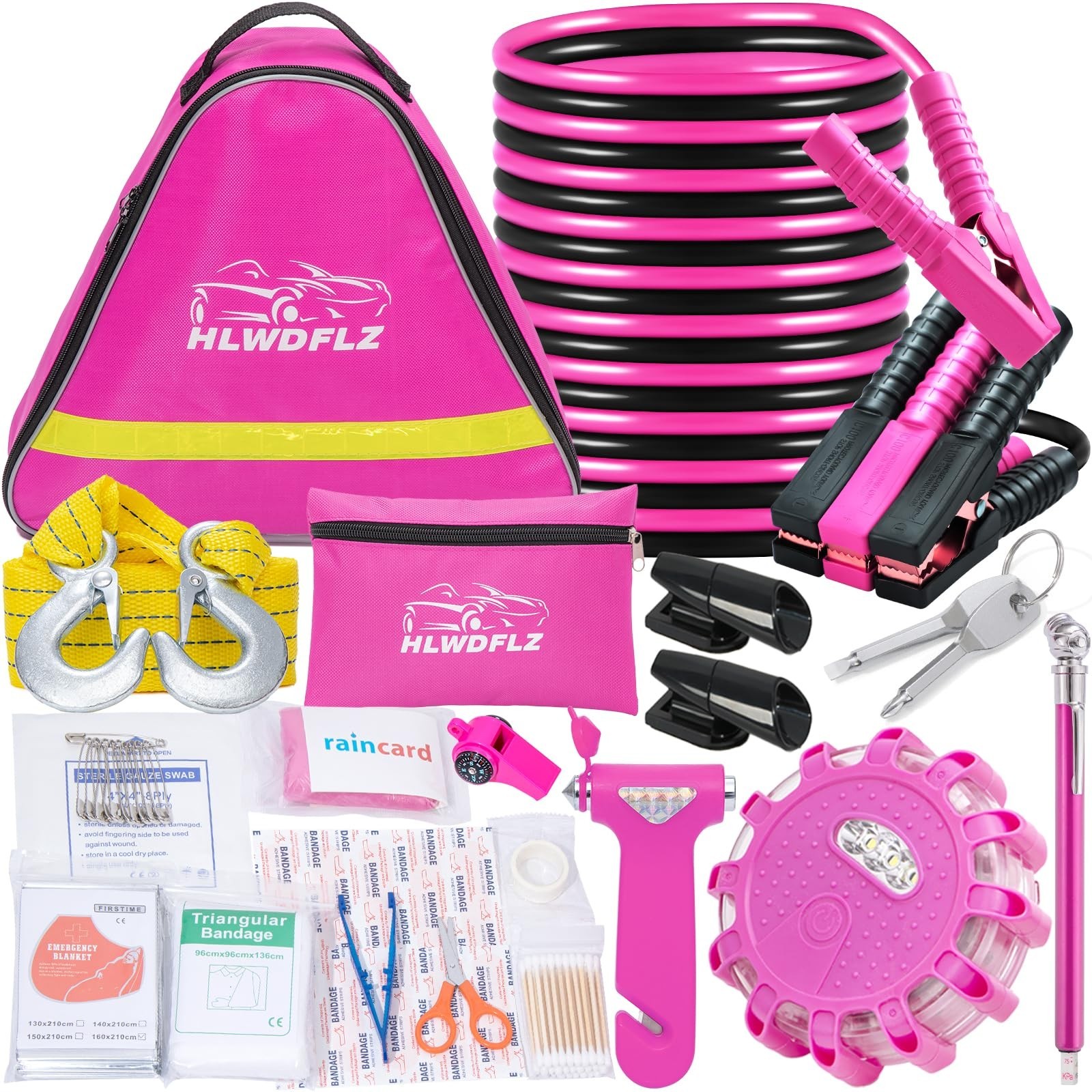 Pink Roadside Assistance Kit with Jumper Cable, Tow Rope, LED Road Flare, Dee...
