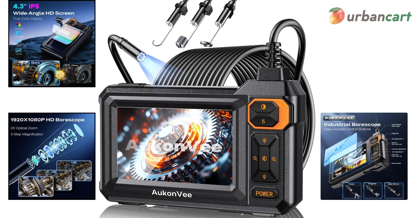 HD 1920P Endoscope Camera with 4.3" Screen & 16.5ft Semi-Rigid Cable