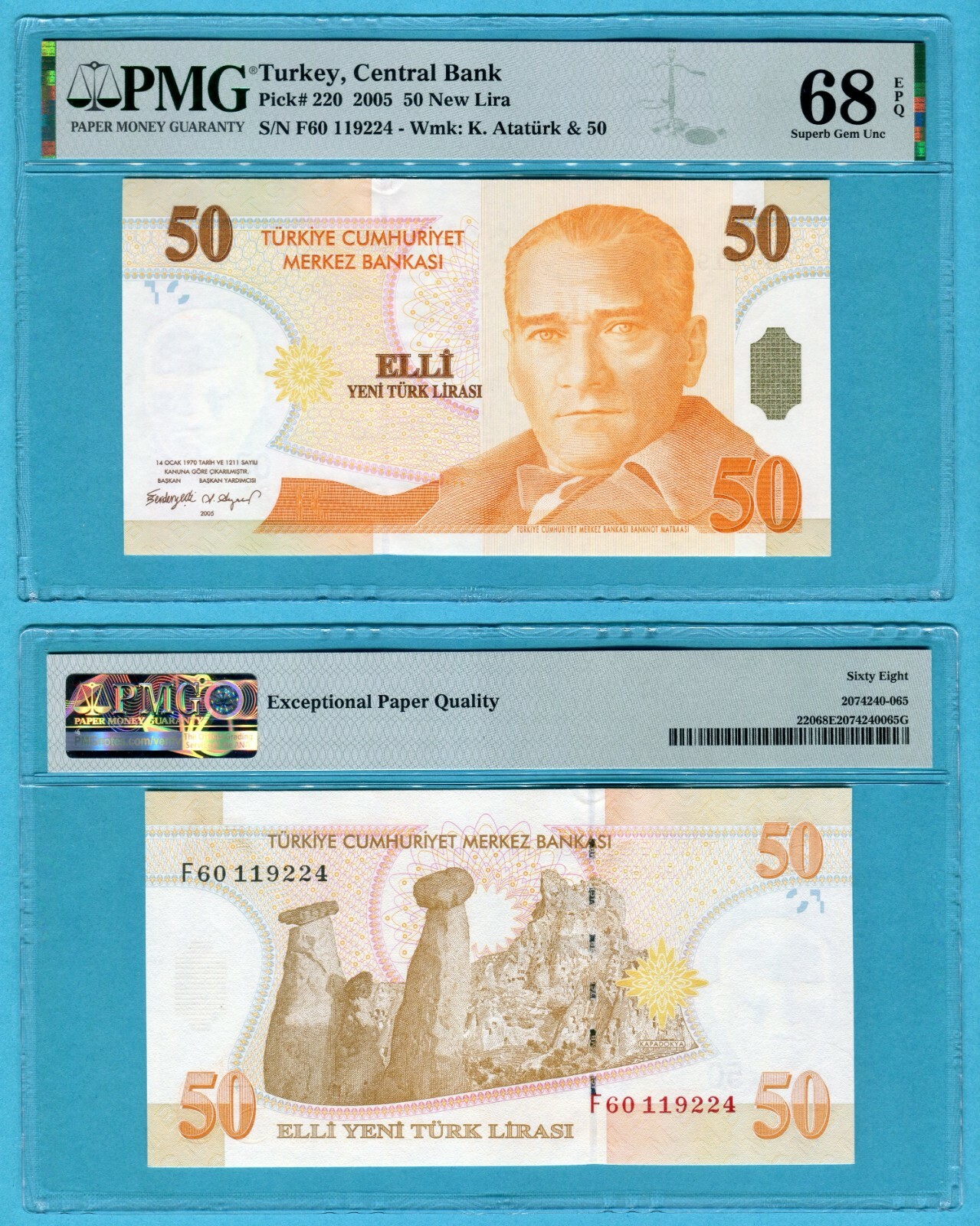 Turkey 50 Lira 2005 P220 UNC / PMG Superb GEM68EPQ