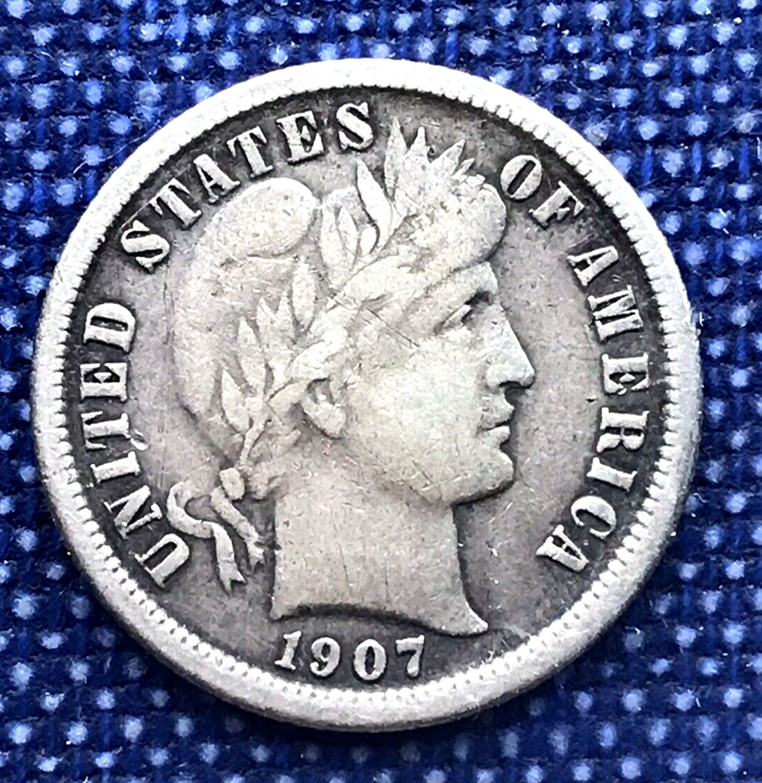 1907 o Partial "LIBERTY" Headband Barber Dime  - U.S. Coins: 10C 90% Silver