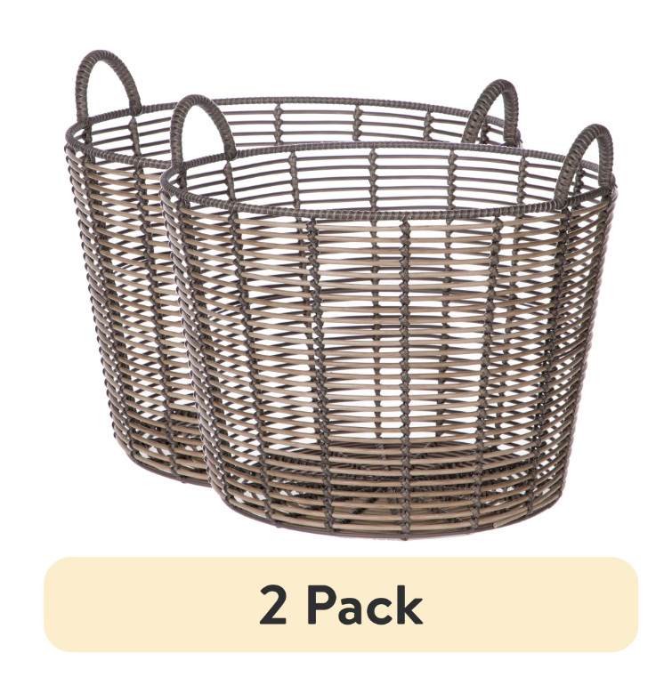 2 Pack XL Round Woven Rattan Storage Baskets w/ Handles 18.7x16in