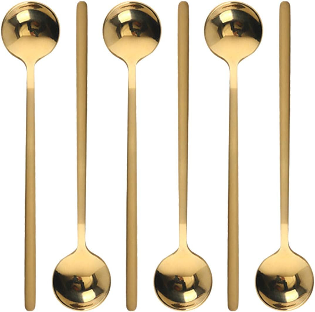 6 Pcs Golden Stainless Steel round Dessert Spoons - Long Handle for Hot Chocolat