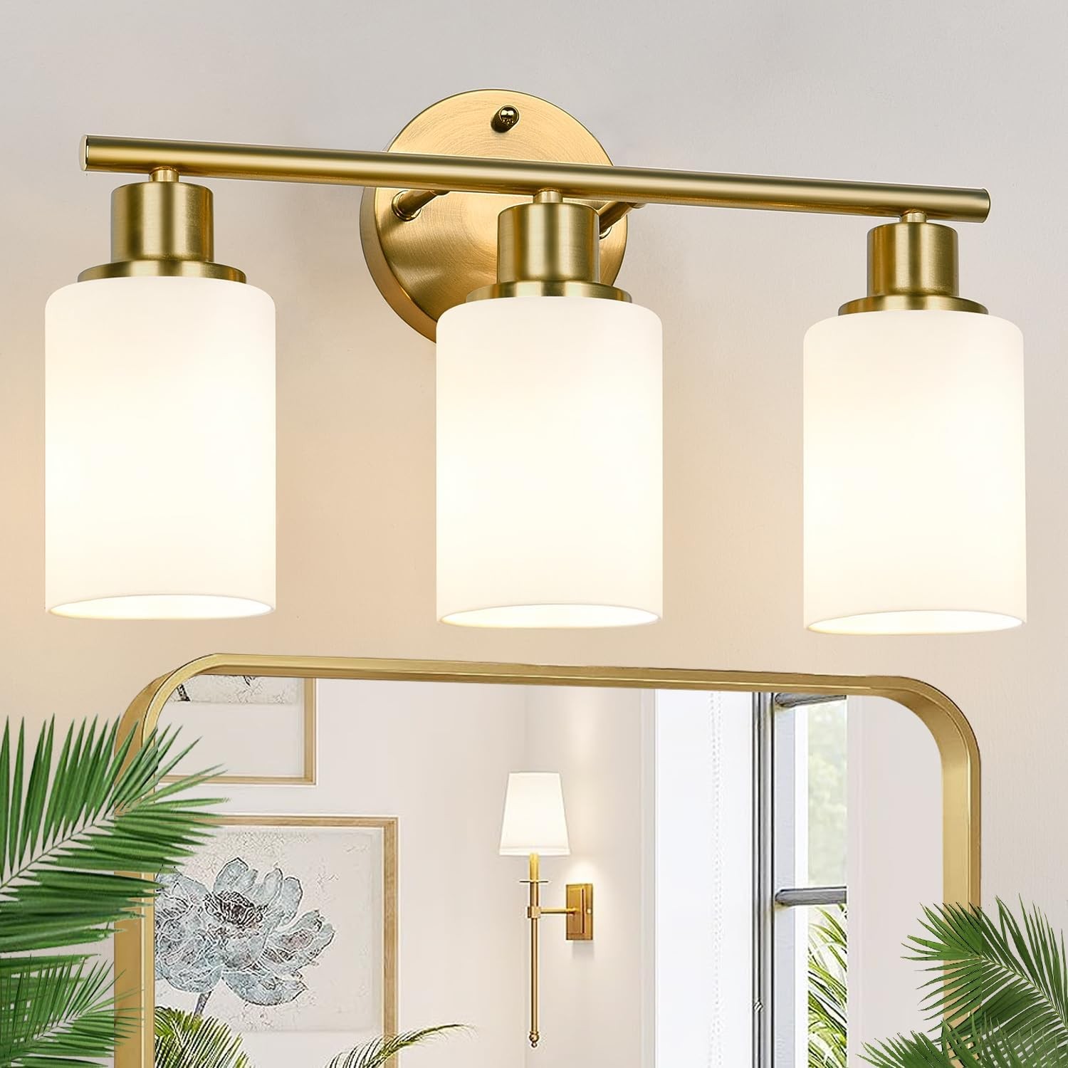 3-Light Bathroom Light 3-Light, Brushed Gold & Milky White Glass
