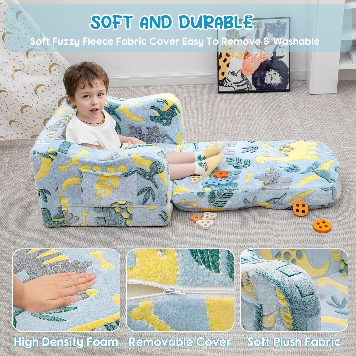 Comfy Toddler Chair and Couch for Kids with Blanket,2-In-1 Soft Plush Fold Out T